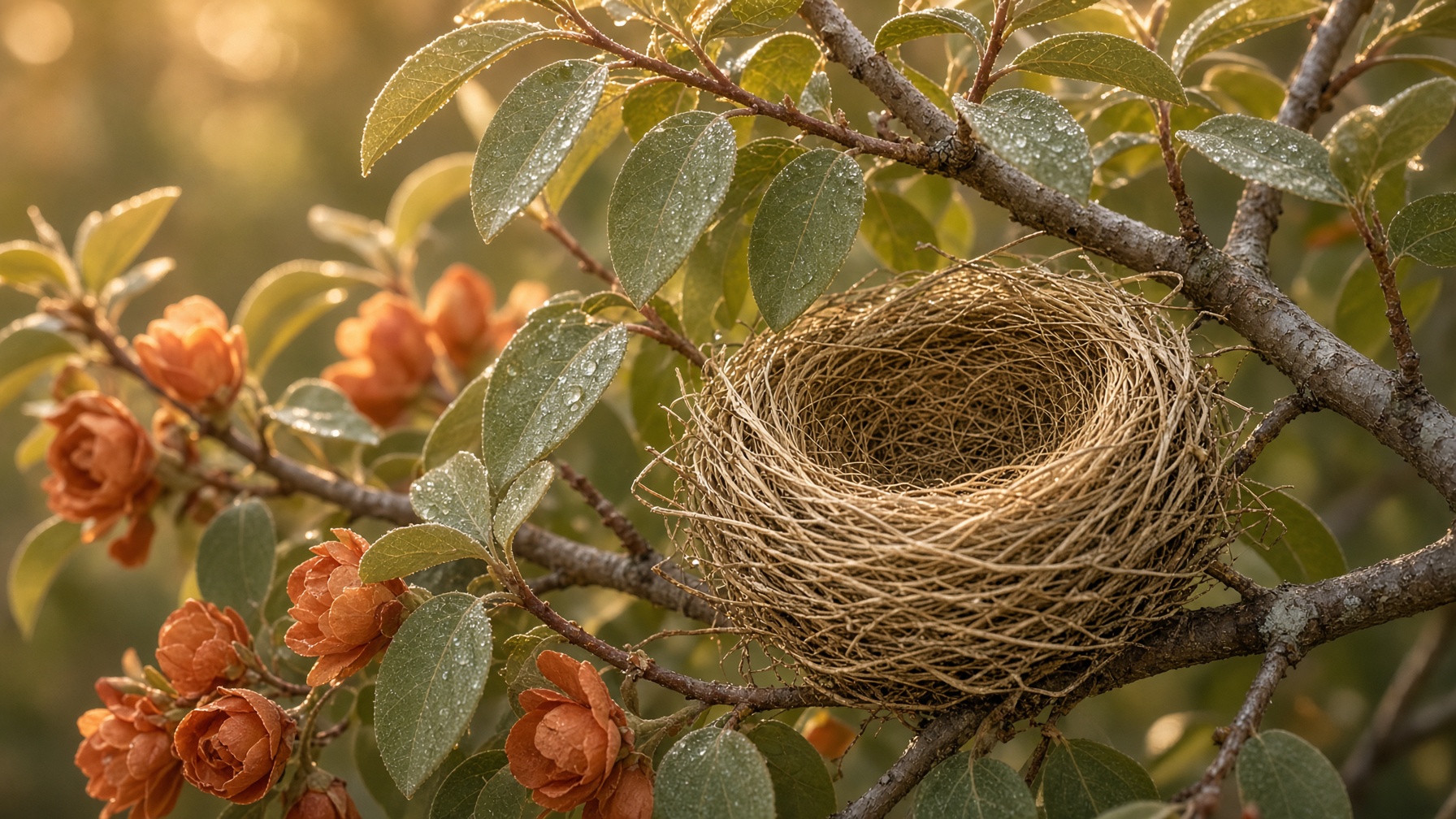 A woven bird nest tucked into sunlit flowering branches