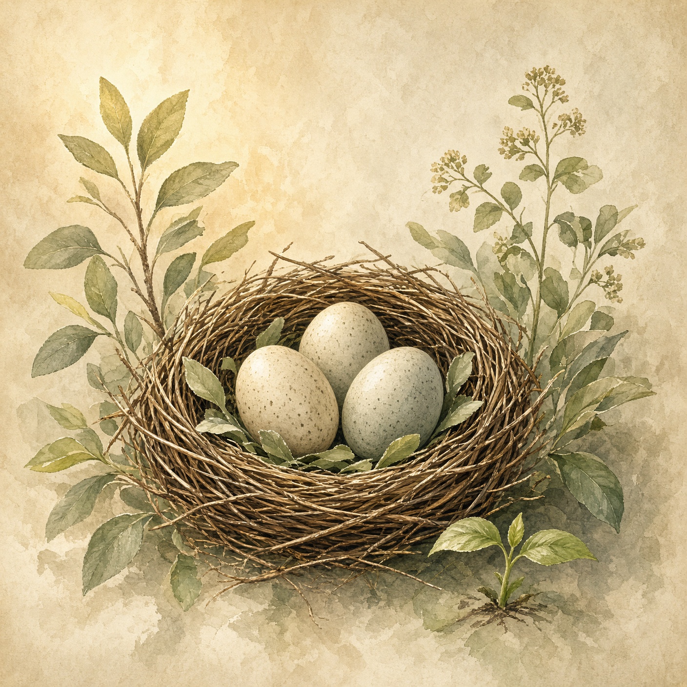 A painted nest of twigs and sage leaves holding speckled eggs