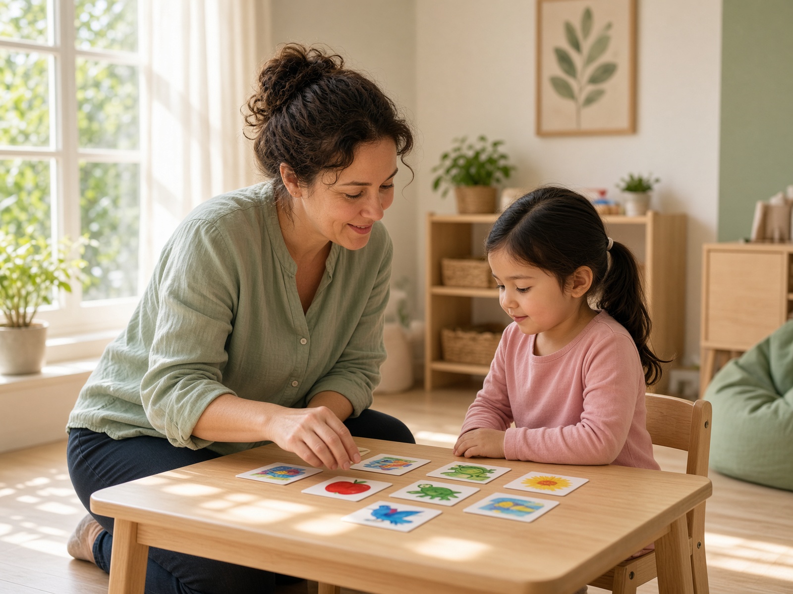 A speech therapist and child looking at picture cards at a low wooden table